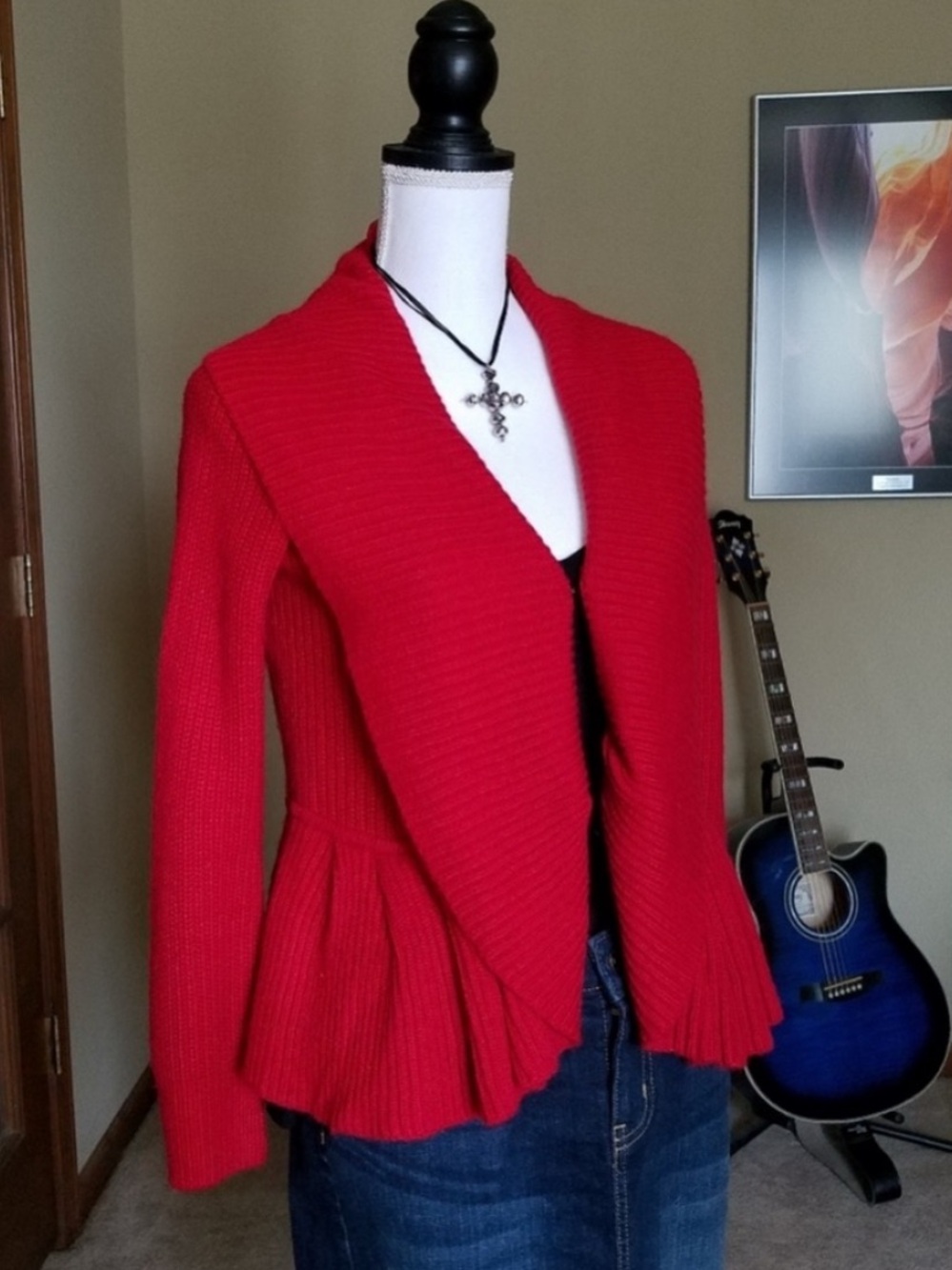 Red Ruffle Trim Front Closure Cardigan Like NEW